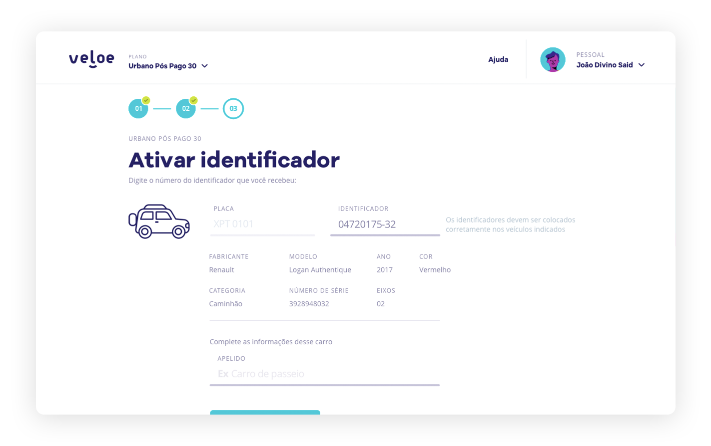 Tela de ativação de um carro no projeto Veloe